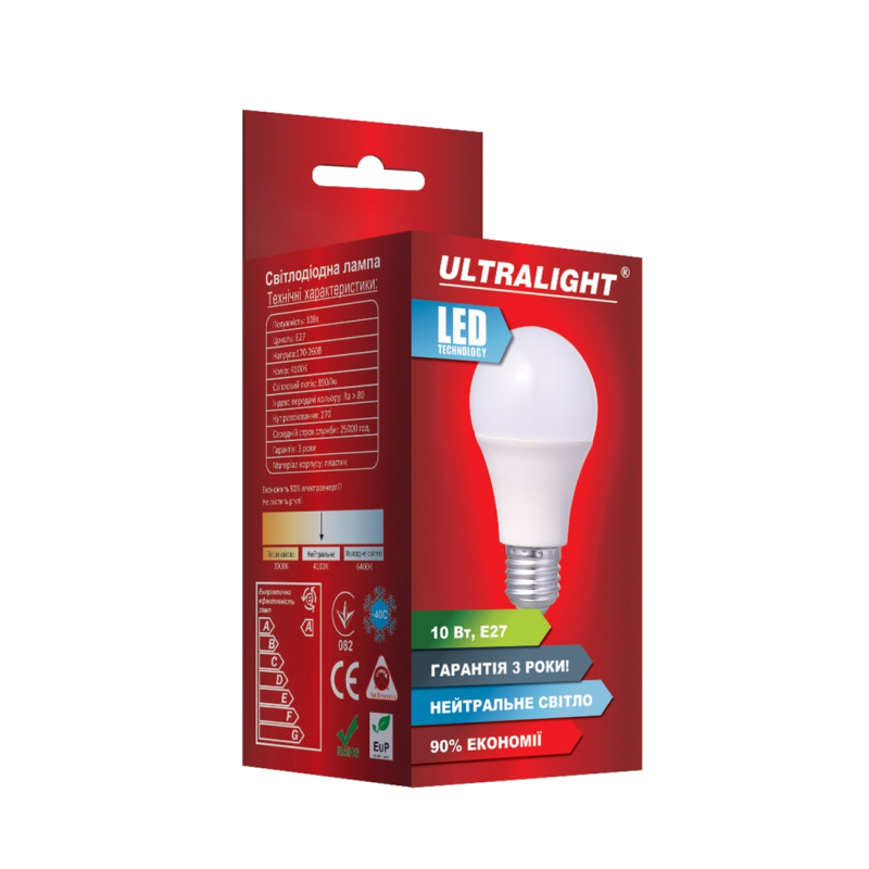 Лампа світлодіодна Ultralight A60, 10Вт, E27, 4100К (UL-49125)